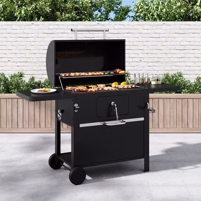 Breeins Outdoor Carbon Steel Charcoal BBQ Grill Smoker with Chimney Stack and Thermometer, Black