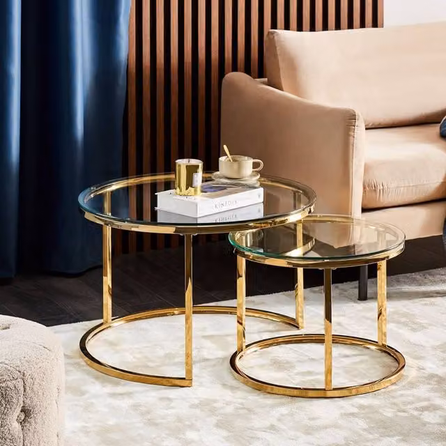 Wyld and Coco 2-Piece Round Nesting Tables with Gold Stainless Steel Frame and Glass Tops