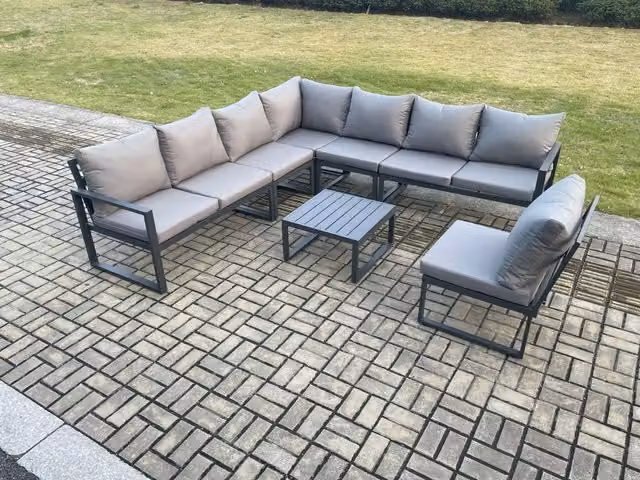 Fimous 8 Seater L-Shape Outdoor Garden Furniture Set with Upholstered Corner Sofa and Square Coffee Table in Dark Grey Powder Coated Aluminium