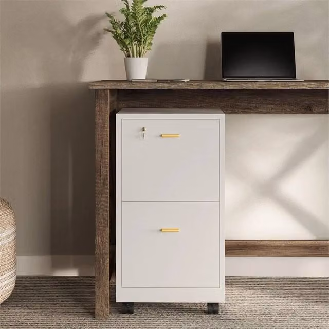 VOGREX White 2 Drawer Wooden Office Cabinet with Lock and Castors – 1