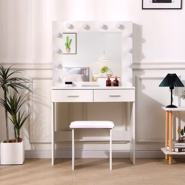 Komore White Modern Dressing Table Set with Hollywood LED Lighted Mirror
