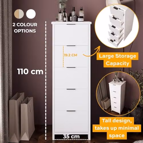 Bimossa Laura Tall Hallway Storage Cabinet with 5 Drawers, White – 3