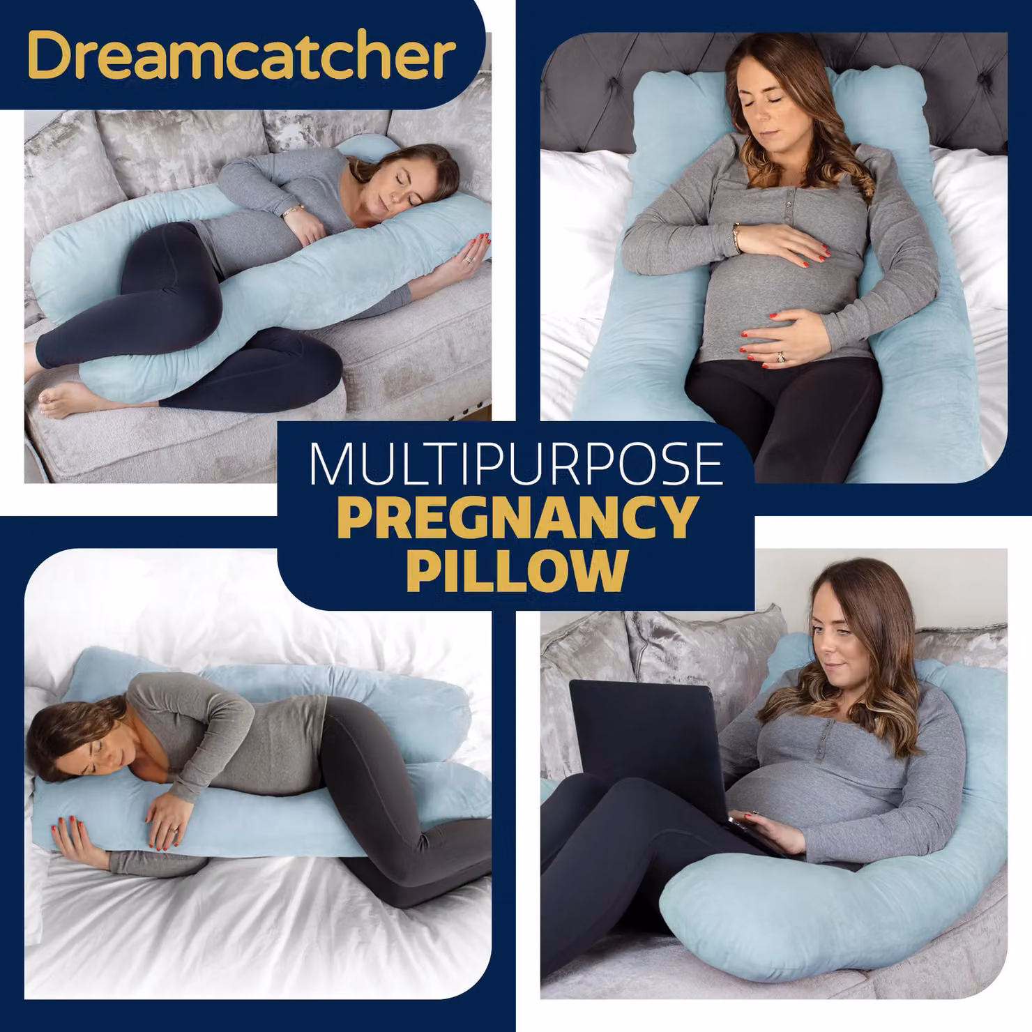 Dreamcatcher Blue U-Shaped Pregnancy Pillow with Shredded Memory Foam and Removable Velvet Cover – 6