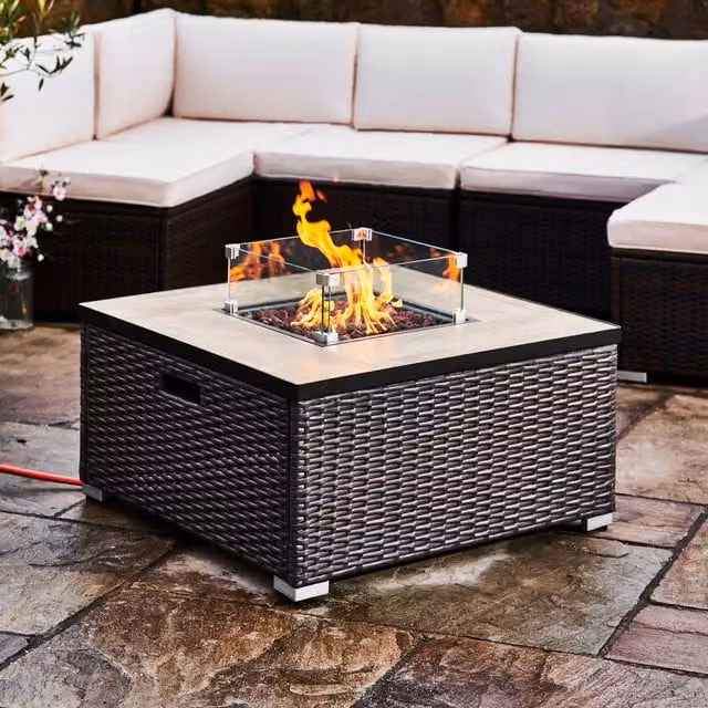Teamson Home Brown Rattan Outdoor Propane Gas Fire Pit Table with Lid, Screen, Lava Rocks and Cover, W/D/H: 80 x 80 x 48.26 cm – 1