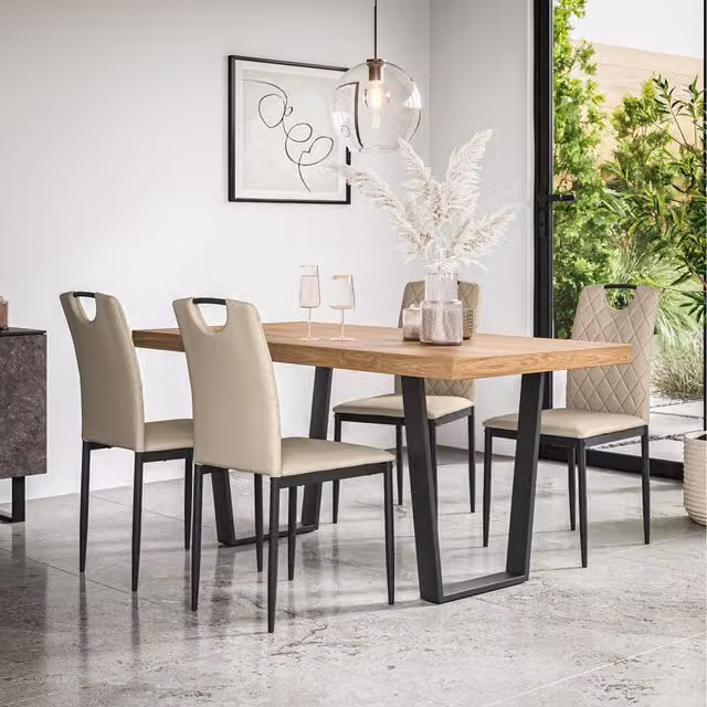 More4Homes Aria Dining Set with Oak Effect Rectangular Table and 4 Monza Faux Leather Chairs in Beige and Black