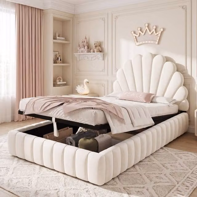 STILVORA Single Ottoman Bed Frame with Shell Headboard in Beige Velvet, W/D/H: 90 x 200 cm – 1