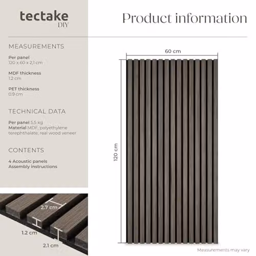 tectake Set of 4 Acoustic Wall Panels with Real Wood Veneer and MDF, Grey, W: 120 cm, D: 60 cm, H: 2.1 cm – 6
