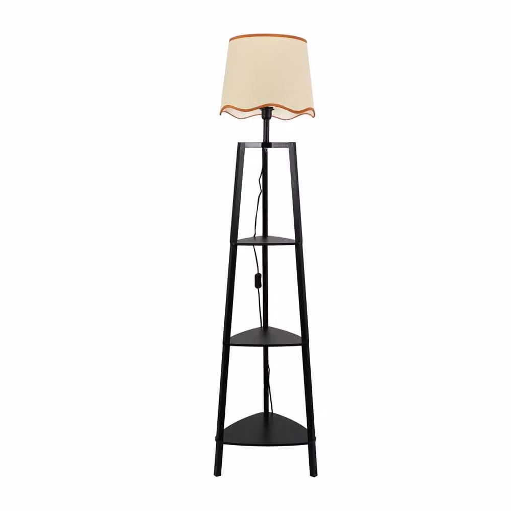 ValueLights Hiru 3 Tier Wood Shelf Floor Lamp in Black with Burnt Orange Linen Scallop Shade – 2