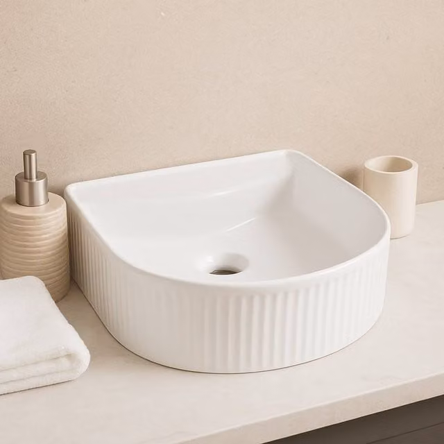 Bathroom Kingdom Flauto D-Shape Ceramic Countertop Basin, White, Width: 35.5 cm