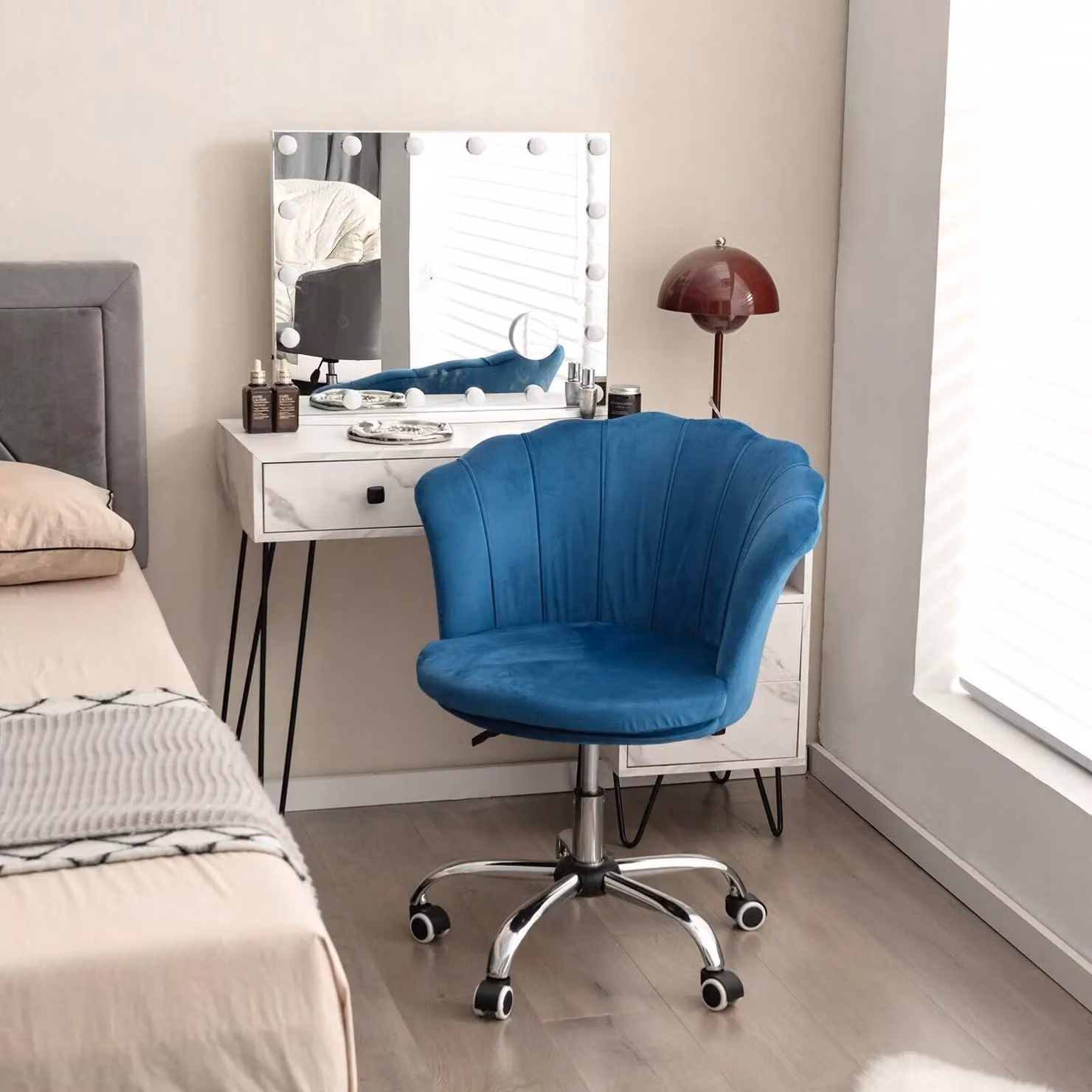 Gymax Adjustable Blue Velvet Upholstered Vanity Chair with Armrests and Castors – 7