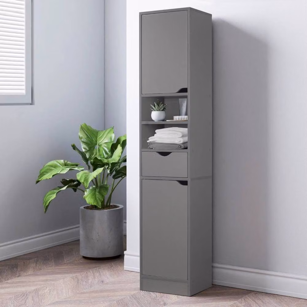 Kelvenix Modern Grey Wooden Tall Bathroom Storage Cabinet with 2 Doors, 1 Drawer and Internal Shelves, H: 170 cm, W: 29 cm, D: 35 cm – 2