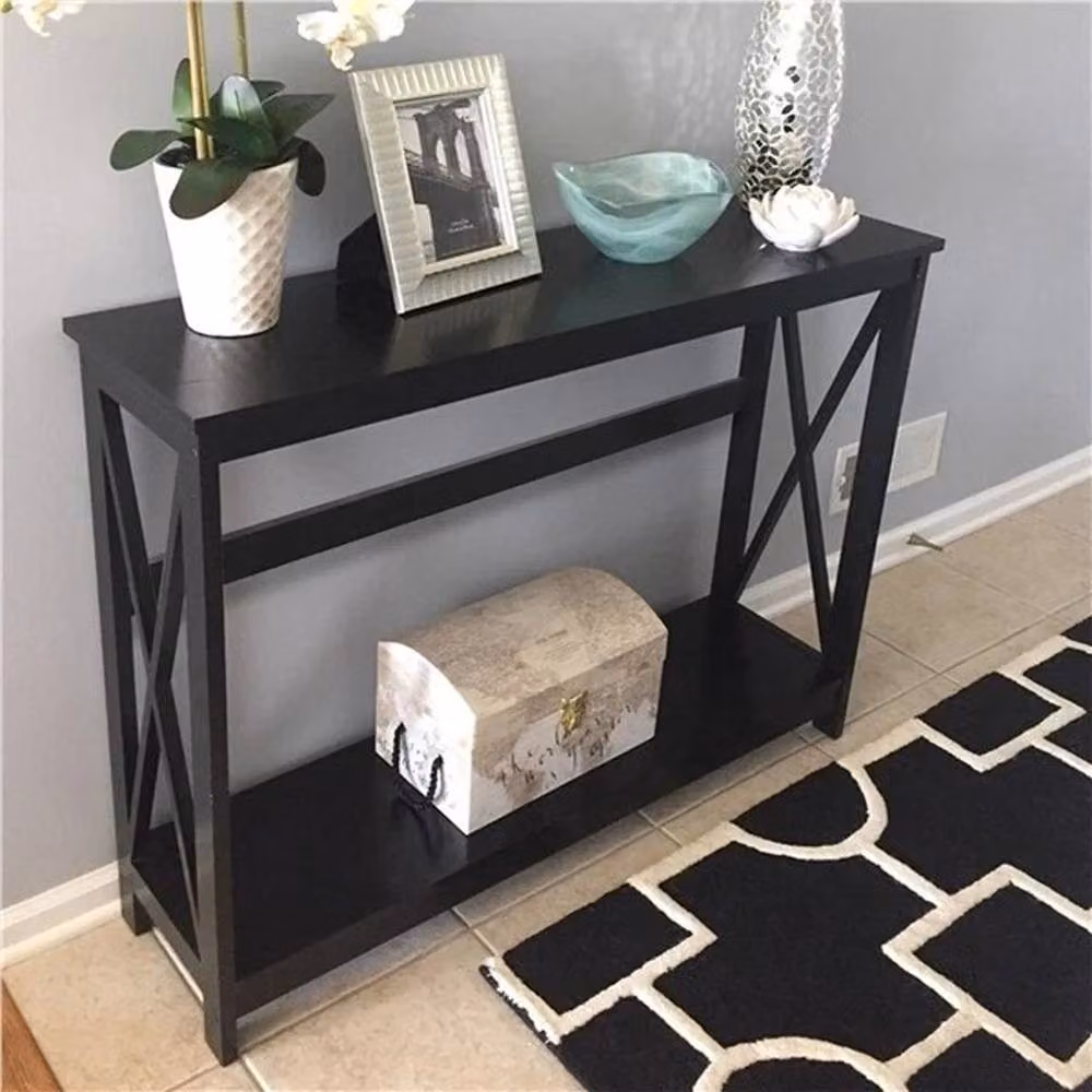 Kelvenix Black 2-Tier Slim Console Table with X-Frame Design, W: 36 cm, D: 1 cm, H: 81 cm – 3