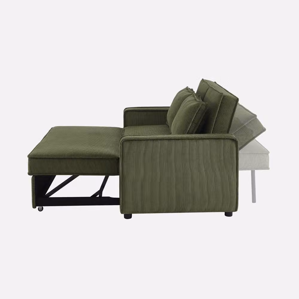 sweeek 2-Seater Corduroy Sofa Bed in Khaki Green with Scatter Cushions – 2
