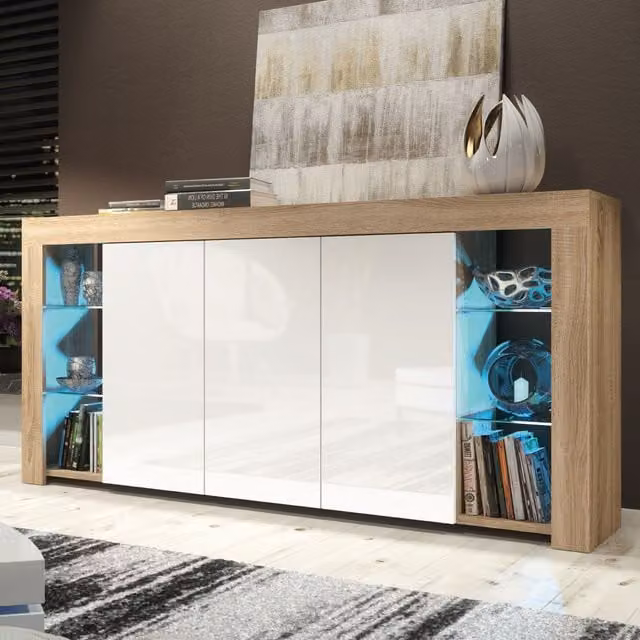 Mex Furniture LTD Modern Sideboard with Integrated LED Lighting and Glossy Doors in Light Oak, W: 164 cm, H: 83 cm, D: 35 cm – 1