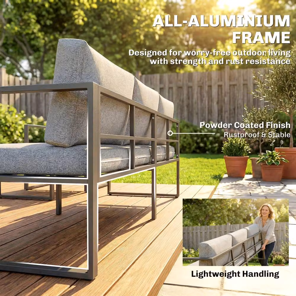 OUTSUNNY Modern Upholstered Patio Furniture Set with Powder Coated Aluminium Frame in Grey – 5
