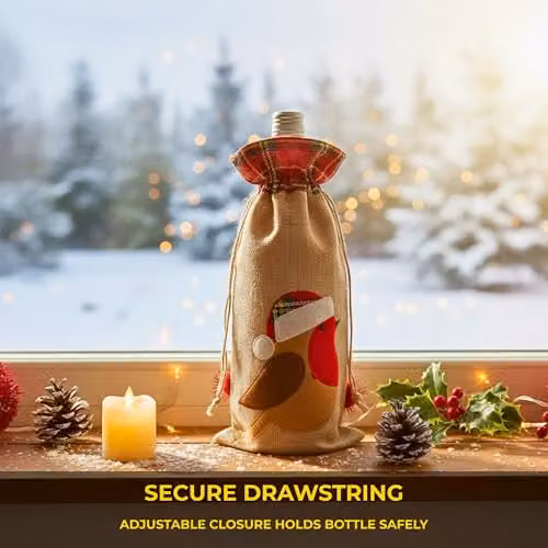 Shatchi Reindeer Printed Burlap Wine Bottle Cover Bag in Brown and Beige – 7
