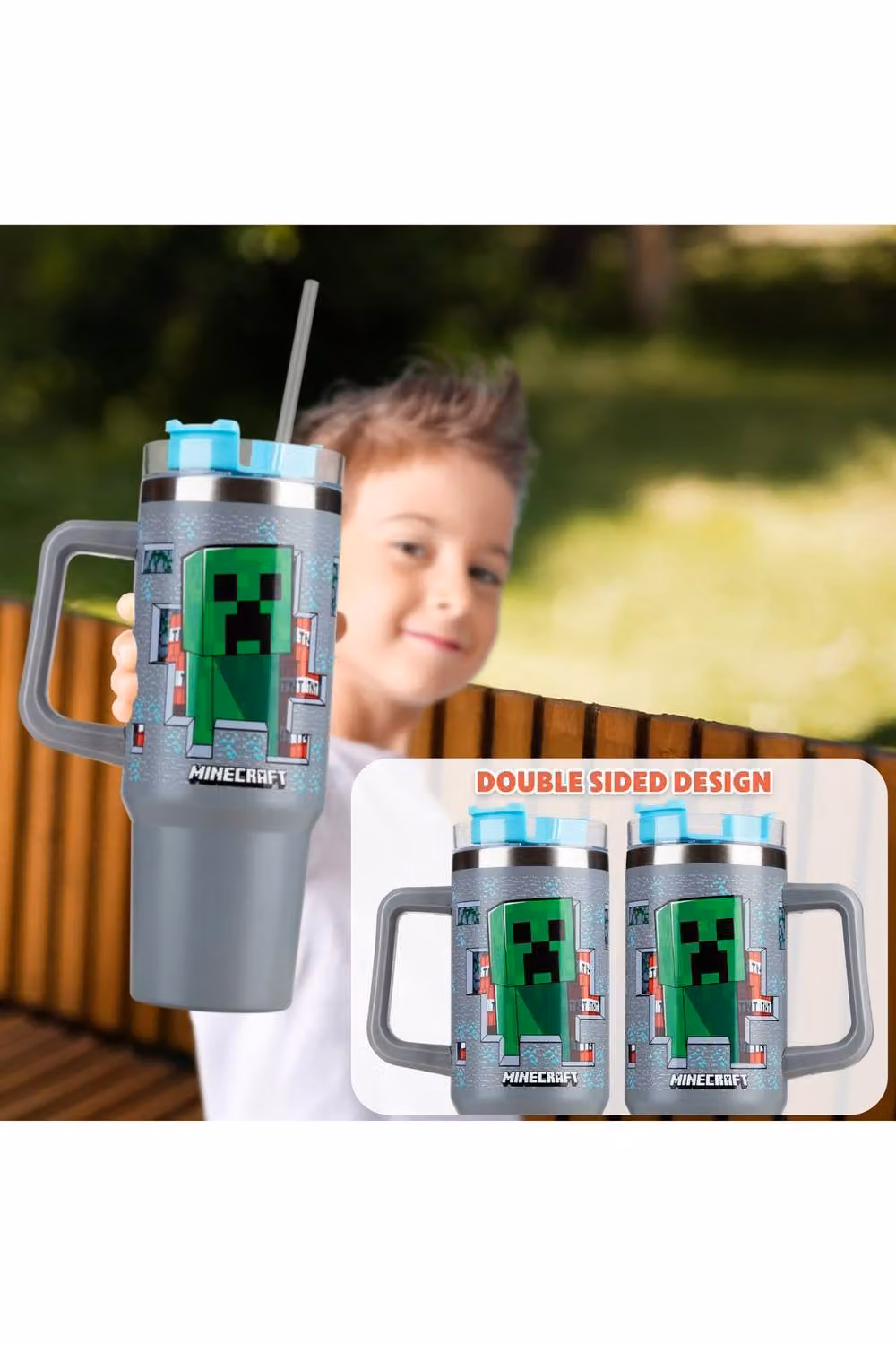 Get Trend Minecraft Insulated Bradley Travel Mug with Straw and Handle, 840ml, Grey – 7
