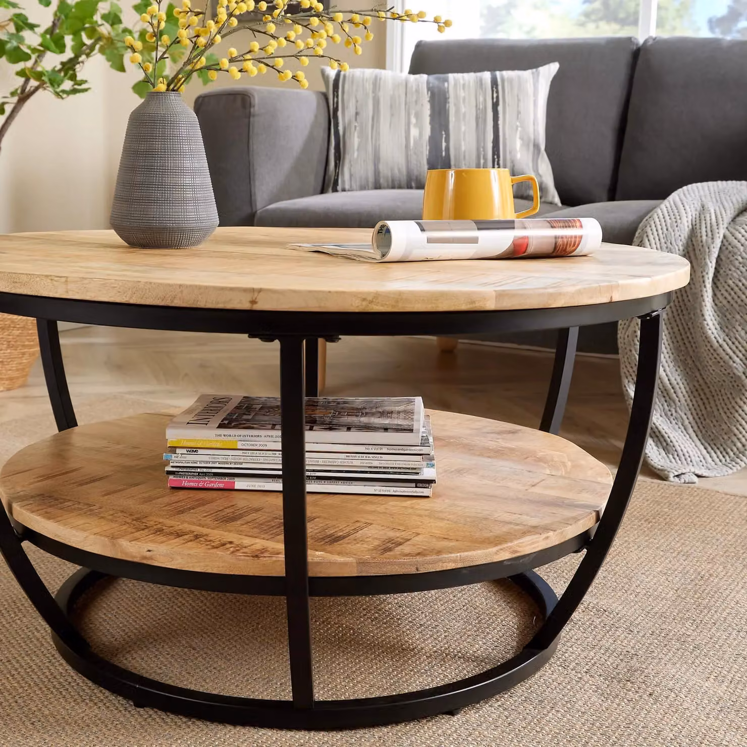 Home Source Cage Style Round Coffee Table with Mango Wood Top and Black Iron Frame – 4