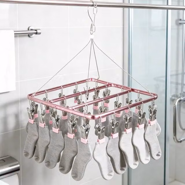 EONLION Pink Aluminium Alloy Multi-Clip Drying Rack with Windproof Hooks, Width: 100 cm