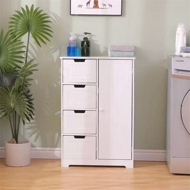 Nordara White Bathroom Storage Cabinet with 4 Drawers and 1 Door, W: 60 cm, H: 65 cm