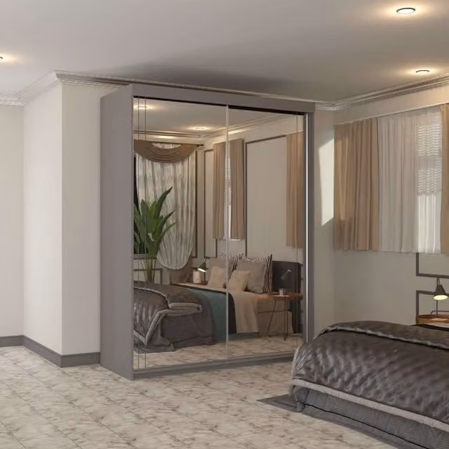 Sliding Wardrobes 4U Modern Grey Sliding Wardrobe with Full Mirror and Integrated LED Lighting W/H: 150 x 217 cm