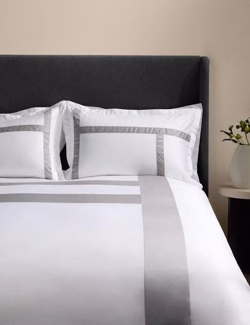 M&S x Kelly Hoppen Grey and White Mako Satin Cotton Bedding Set W: 180 cm, L: 200 cm