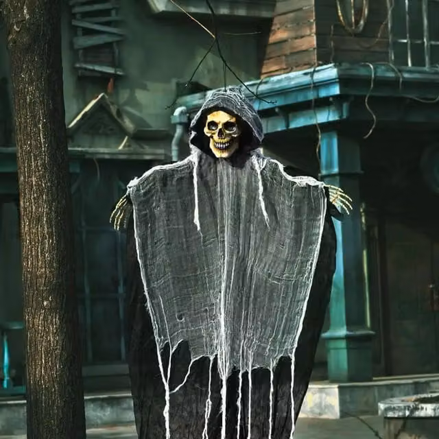 Garden Greatness Hanging Grim Reaper and Ghost Halloween Decoration, Black and Multicolour, Height: 182.88 cm – 1