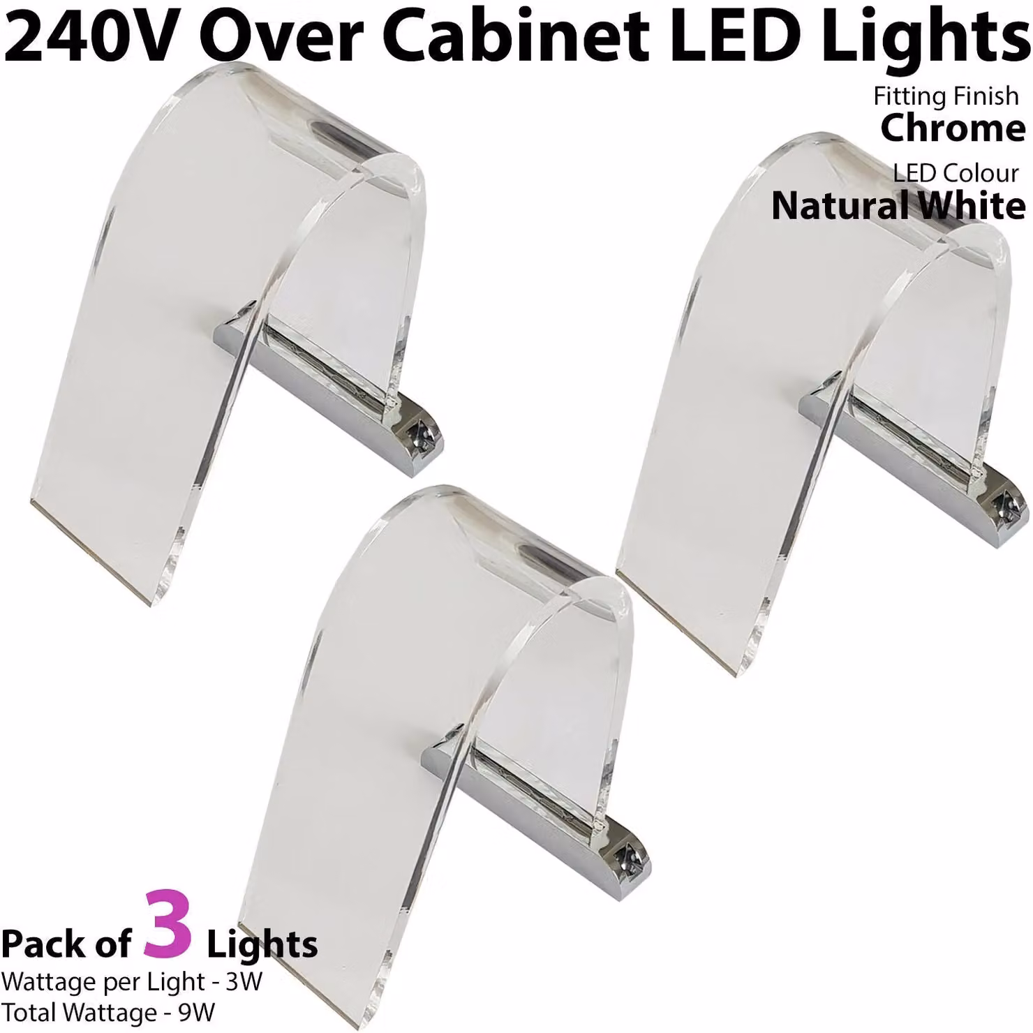 Loops 3x Over Cabinet LED Kit in Natural White with Curved Glass for Bathroom and Makeup Lighting – 2