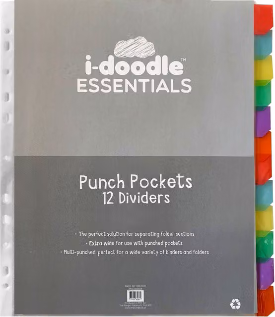 idoodle Essentials Transparent Multicolour Plastic Punch Pockets with 12 Tabbed Dividers