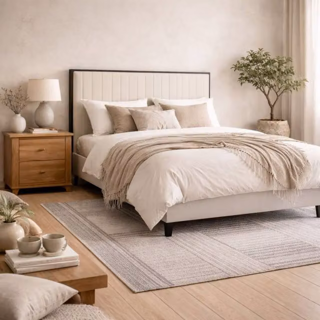 Wyld Haus Killarney 4ft6 Double Bed with Cream Velvet Tall Ribbed Headboard and Mattress, W/D/H: 140 x 200 cm – 1