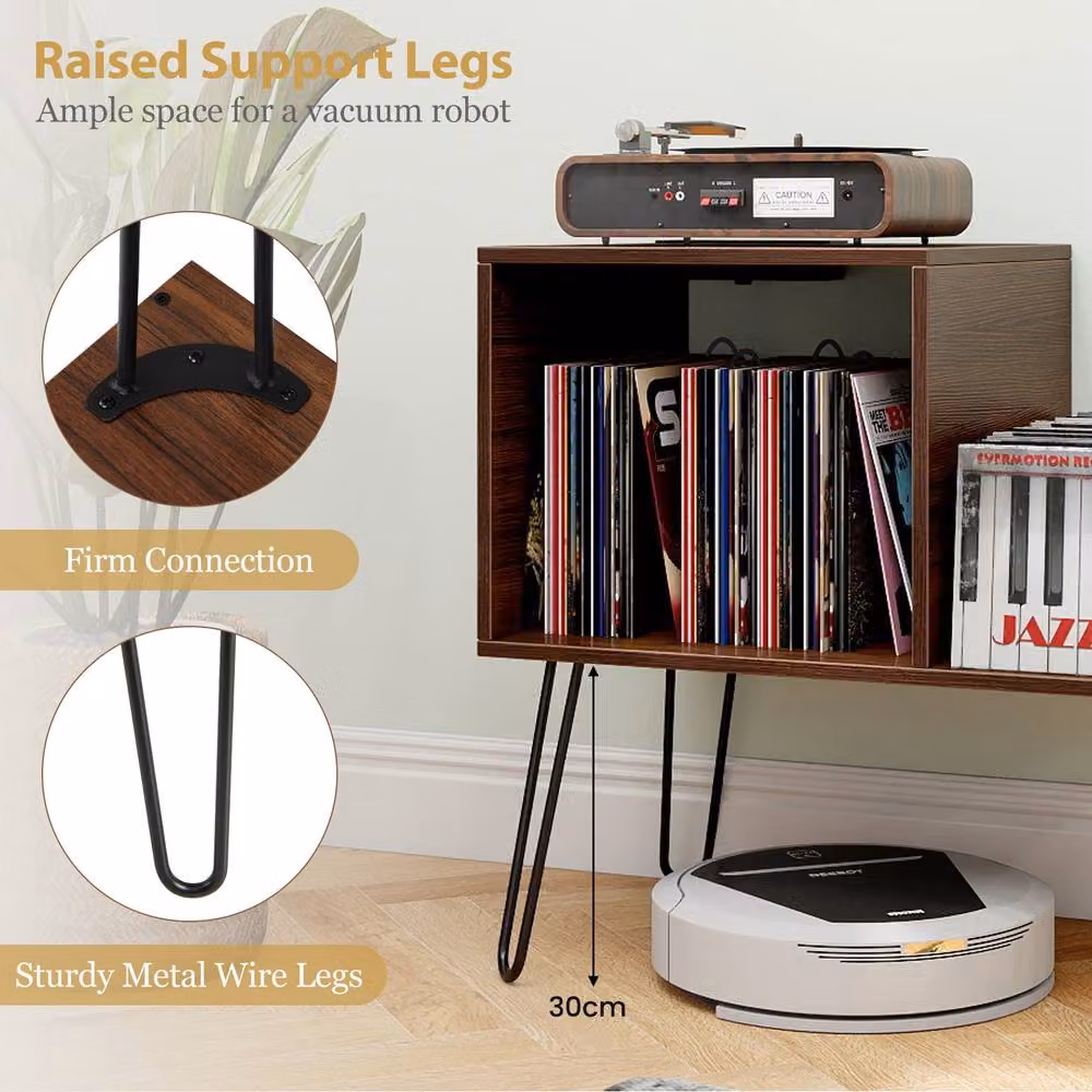 Gymax Modern Brown Metal Turntable Stand with Power Outlet and Display Shelf – 7