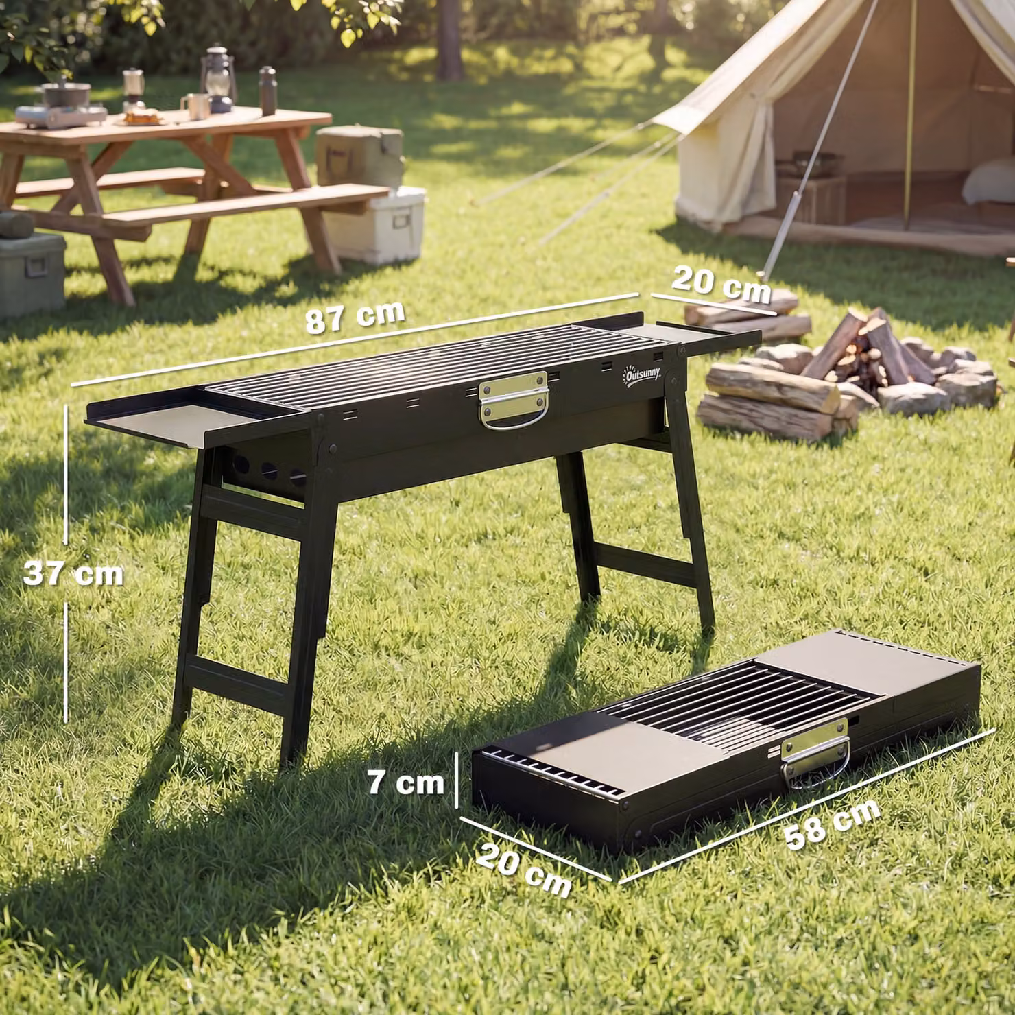 Outsunny Portable Charcoal BBQ Grill with 2 Side Shelves and Handle, Black – 3