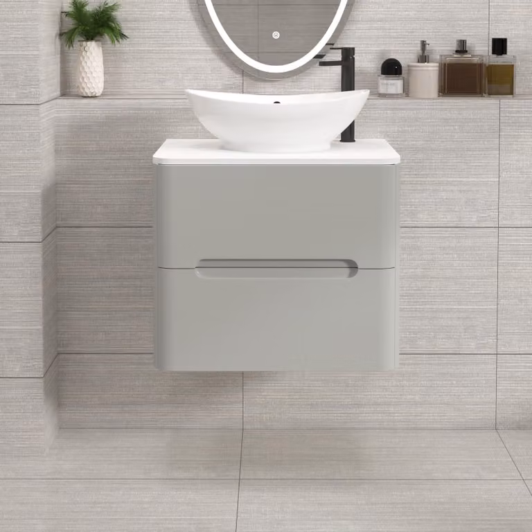 Royal Bathrooms Venice 600mm Wall Hung Vanity Unit in Dove Grey with 2 Drawers, Plain White Worktop and Amaze Basin