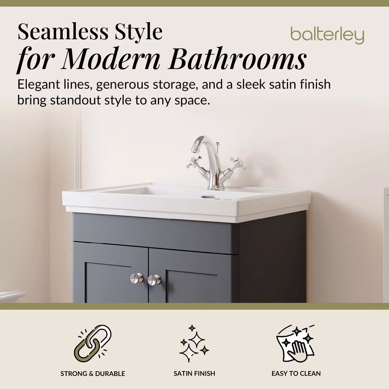 Balterley 2-Door Freestanding Bathroom Floor Vanity Unit with Fireclay Basin in Matt Dark Grey, W: 60 cm, H: 86.5 cm – 2