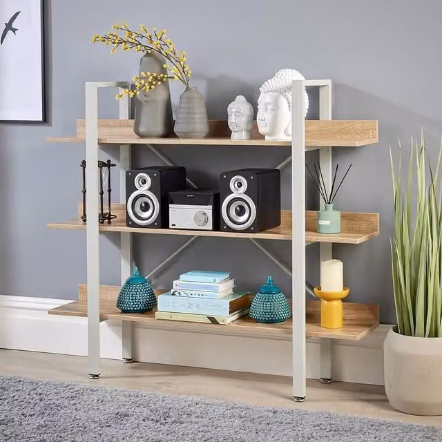 Home Source Urban Wide 3 Tier Industrial Bookcase Shelving Storage Unit in Grey Oak and Metal