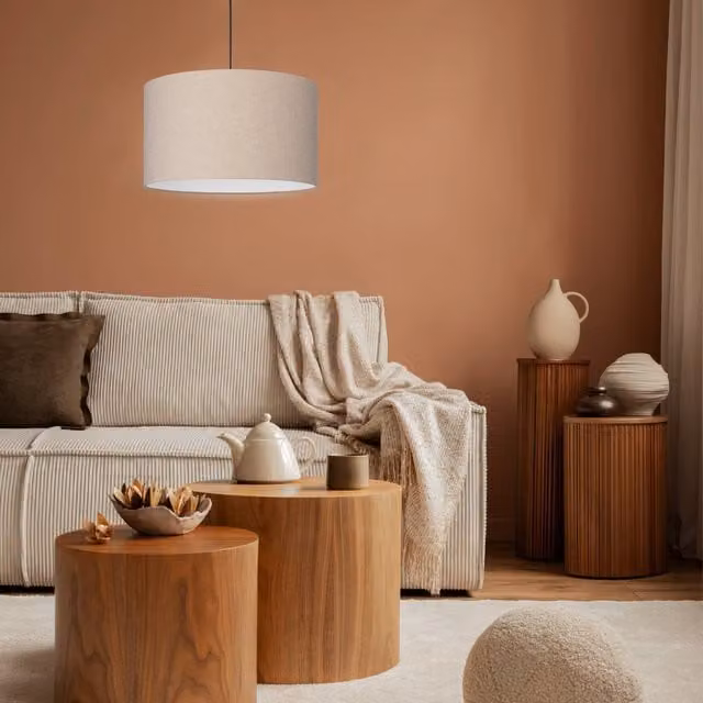 Eglo Feniglia Suspended Pendant Light in Black and Beige with Natural Fabric Shade