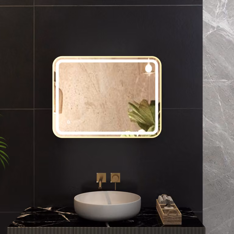 Royal Bathrooms Luna Brushed Brass Frontlit LED Framed Illuminated Mirror with Demister Pad and Touch Sensor, W: 60 cm, H: 80 cm