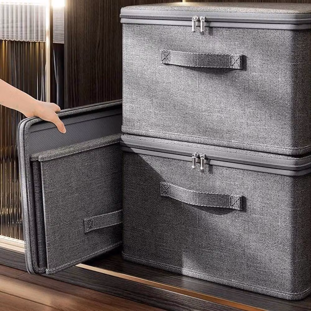 Kelvenix Grey Fabric Storage Baskets, Foldable and Stackable Organisers with Handles – 4