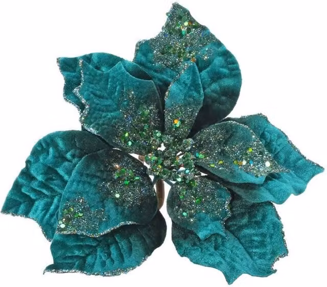 KDMD Blue Glitter Poinsettia Head with Clip in Petrol Teal – 1