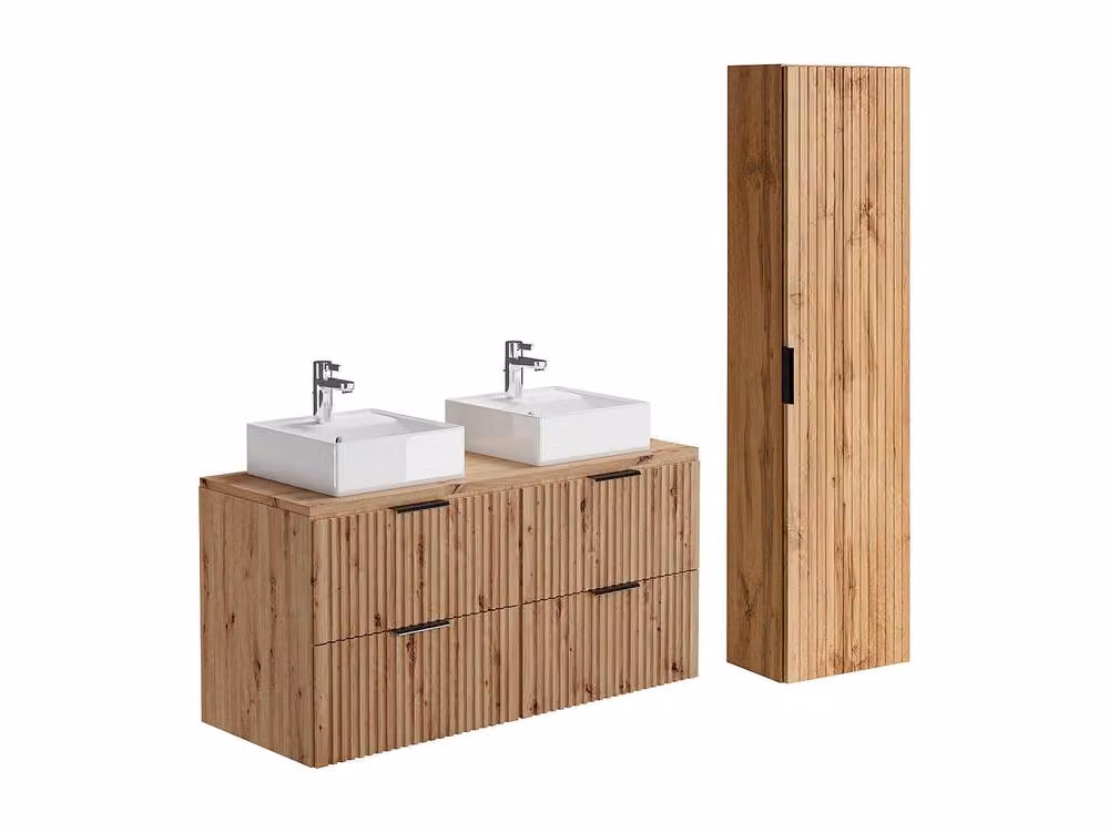 Vente-unique Striated Suspended Bathroom Furniture with Over Counter Basin in Light Oak – 2