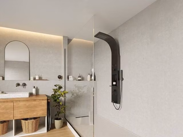 Roana Stainless Steel Hydromassage Shower Column with Rain and Hand Shower in Matte Black, H: 140 cm x W: 20 cm – 1