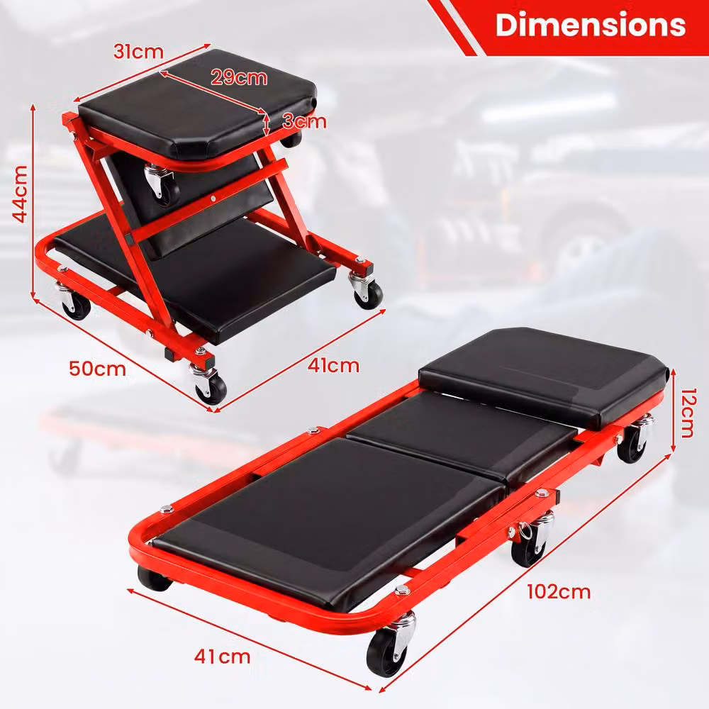 Costway 2-in-1 Rolling Folding Creeper Seat and Garage Chair, Red, 101.6 cm – 2