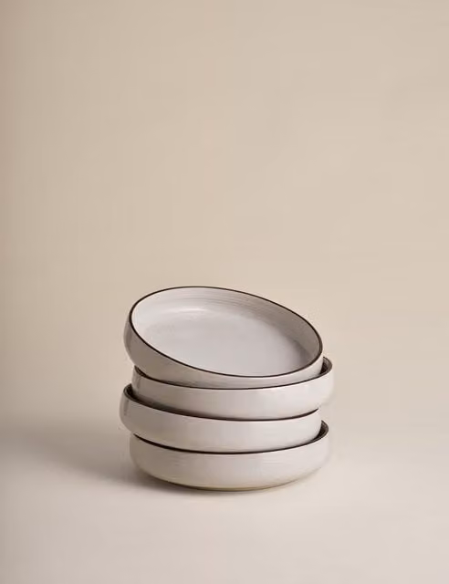 M&S Michigan Rim Ceramic Pasta Bowls, Set of 4, White and Beige
