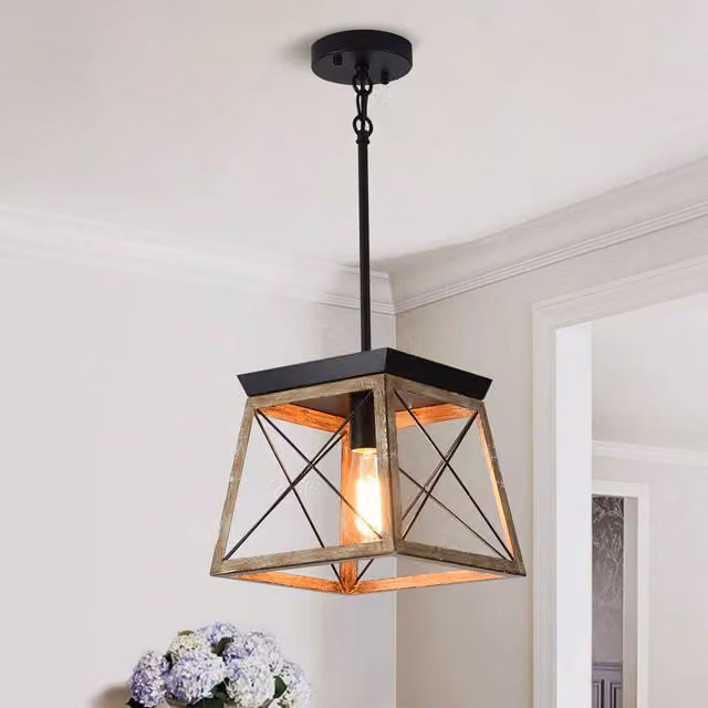 Garwarm Black Metal Farmhouse Cage Pendant Light with Adjustable Height