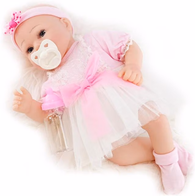 BiBi Doll 17 inch Reborn Baby Girl Soft Body Doll with Dummy Bottle in Pink