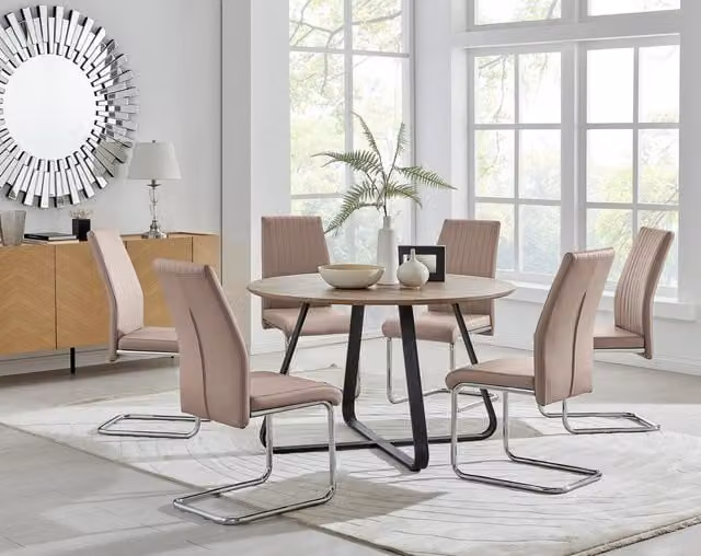 FurnitureboxUK Santorini Round Brown Wood Effect Dining Table and 6 Black Lorenzo Chairs with Beige Faux Leather Seats