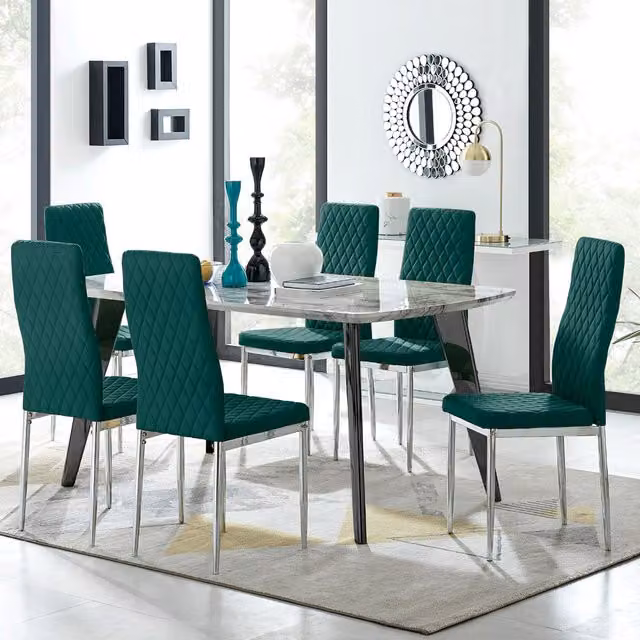 FurnitureboxUK Andria Marble Effect Rectangular Dining Table with 6 Green Velvet Milan Chairs and Black Legs