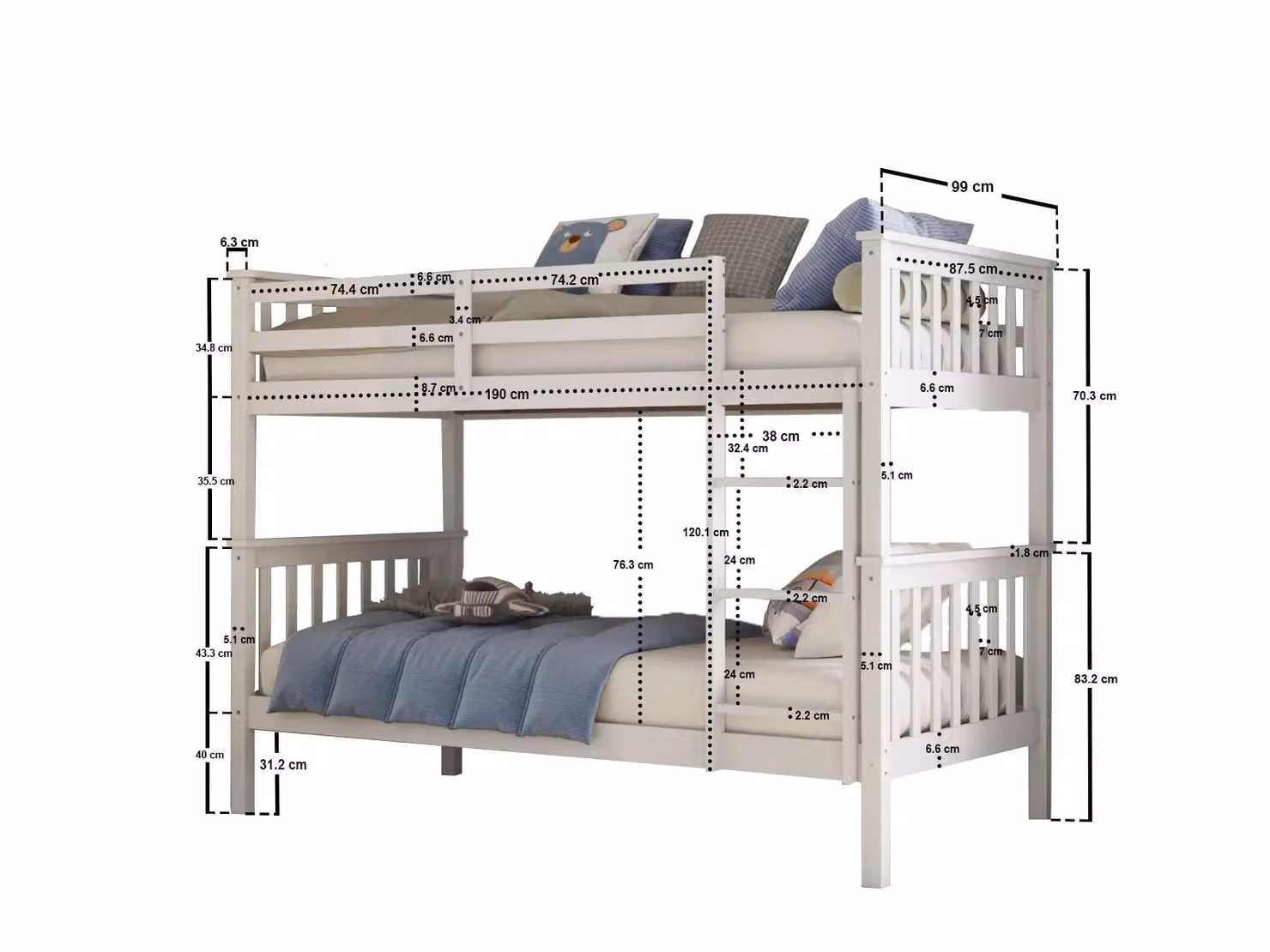 Flair Koop Detachable Two-Level Bunk Bed in White and Grey, Solid Wood, W/D/H: 100 x 200 x 157.1 cm – 2
