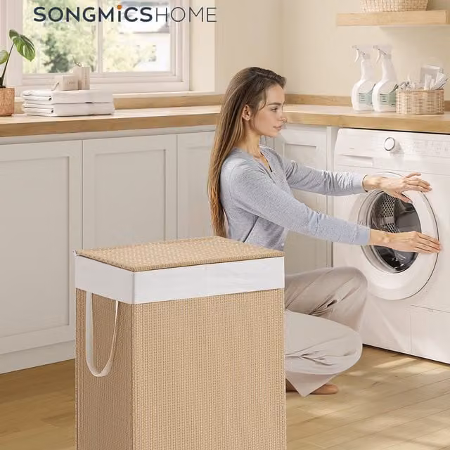SONGMICS HOME Laundry Basket with 2 Compartments and Lid, Beige and White