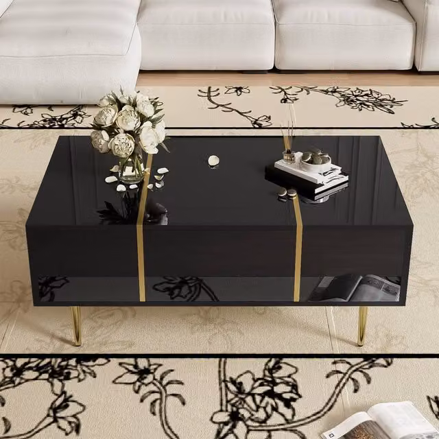 Merax High-Gloss Coffee Table with 2 Drawers in Black, W: 60.0 cm, D: 41.5 cm, H: 60.0 cm